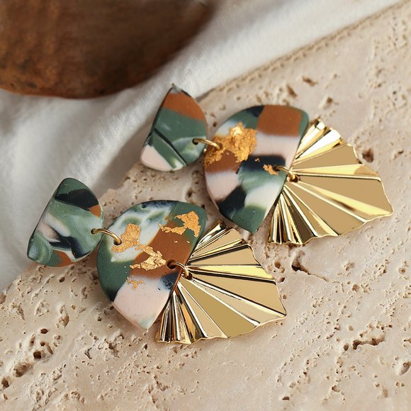 Boho Clay Abstract Gold Accent Fan Dangle Earrings - Picture 2 of 7